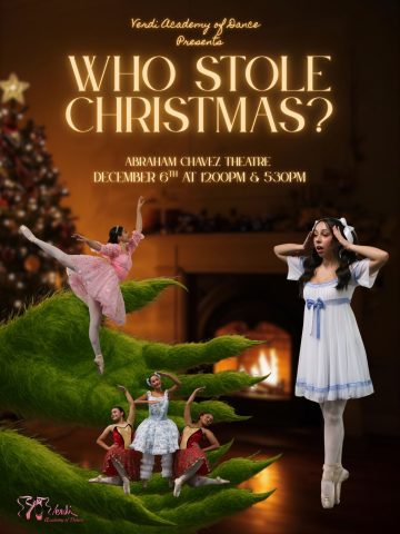 Poster for "Who Stole Christmas?" featuring dancers in front of a christmas tree and fire place. 