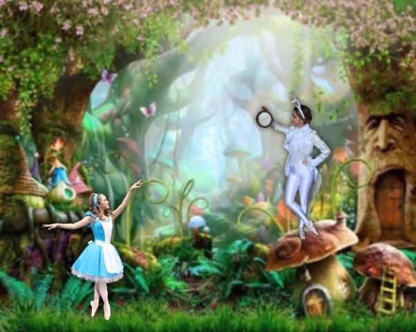 Colorful image of an enchanted forest with Alice in all blue with a white apron and the white rabbit dancer standing on a mushroom house. 